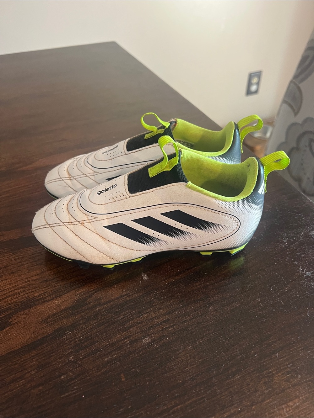 Kids Adidas White, black and Neon Soccer Cleats